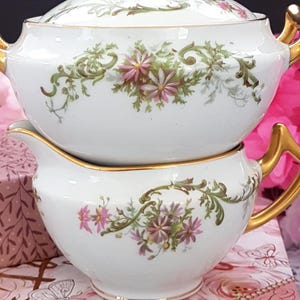 Vintage 1920s French Limoges Sugar Bowl & Creamer Set - Pink Daisy Floral Tea Party Porcelain