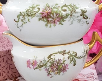 Vintage 1920s French Limoges Sugar Bowl & Creamer Set - Pink Daisy Floral Tea Party Porcelain