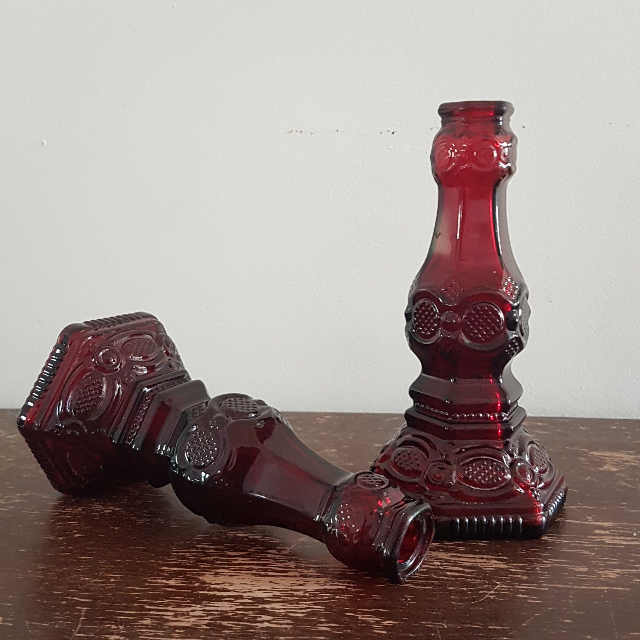 Pair of Tall Avon 1876 Cape Cod Candlestick Holders, Vintage Ruby Red