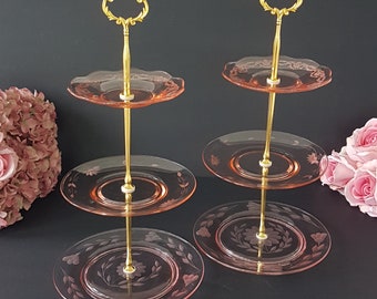 3 Tier Cake Stand, Mismatch Pink Depression Glass, Etched Glass, Afternoon Tea Party, Cupcake Dessert Stand