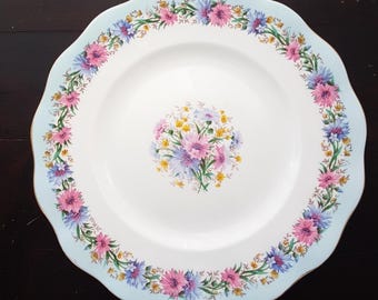 Foley Cornflower Blue Dinner Plate with Blue Pink Daisy Flowers on Blue Rim, 8 Available