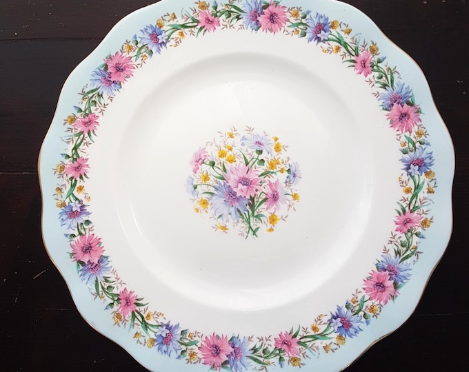 Foley Cornflower Blue Dinner Plate with Blue Pink Daisy Flowers on Blue Rim, 8 Available