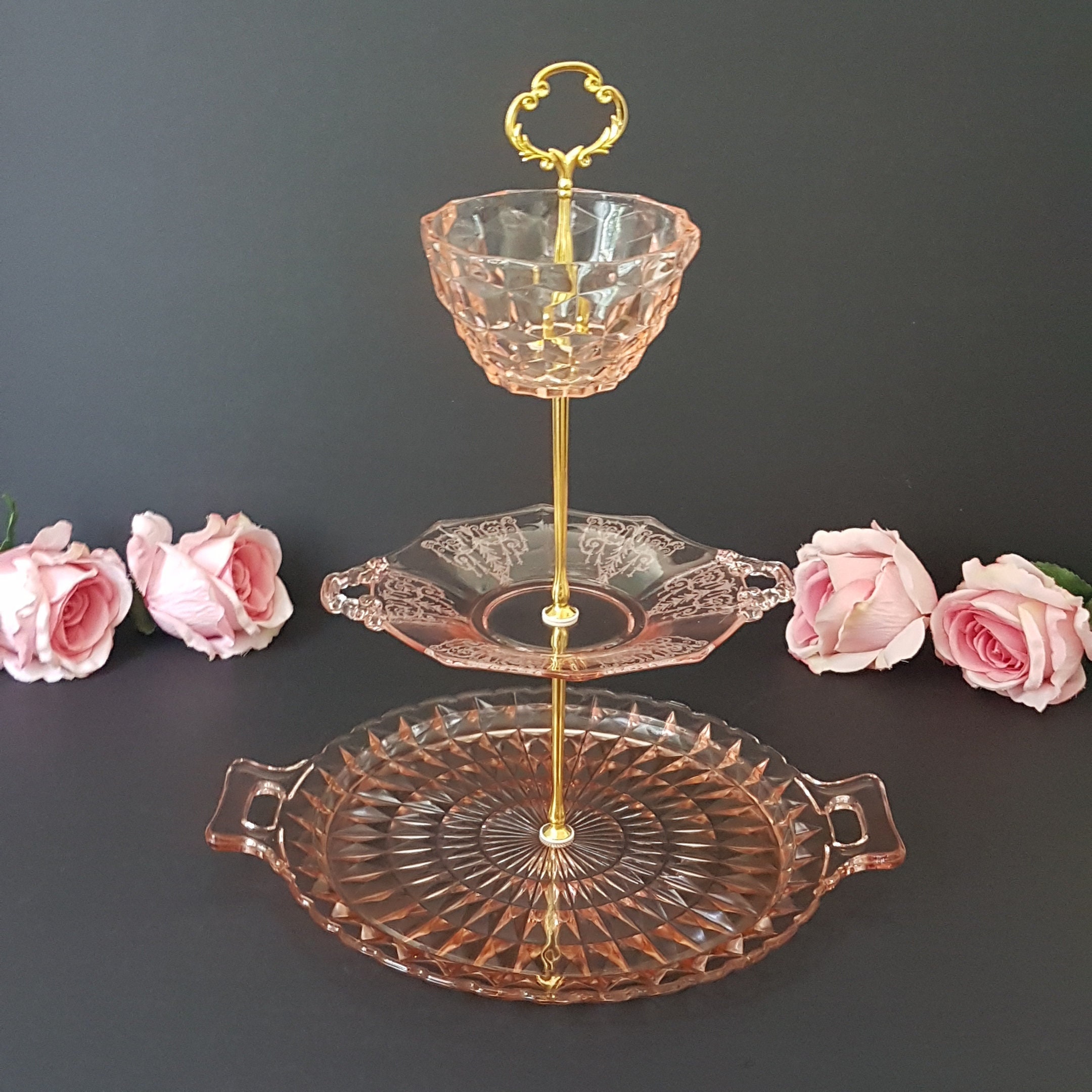 3 Tier Cake Stand, Mismatch All Pink Depression Glass Plates, Afternoon ...
