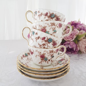 Set of 4 Minton Ancestral Teacups and Saucers, Bone China, Vintage Floral, Made in England