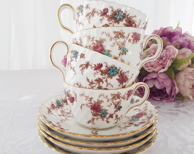 Lot of 4 Minton ANCESTRAL Tea Cup and Saucer Sets, Vintage Tea Party for 4, Pink Blue Flowers, Bone China, Made in England