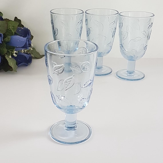 Vintage Ice Blue Glass Goblets Set of 4, Raised Leaf Pattern, 10oz Boho Drinkware