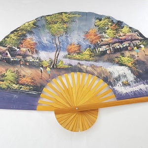 Vintage Large Japanese Decorative Wall Fan, 40 inch, Hand Painted Village Mountain Waterfall, Paper Wood