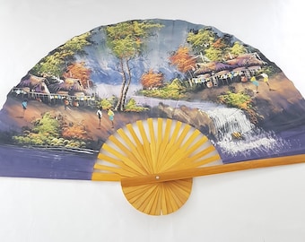 Vintage Large Japanese Decorative Wall Fan, 40 inch, Hand Painted Village Mountain Waterfall, Paper Wood