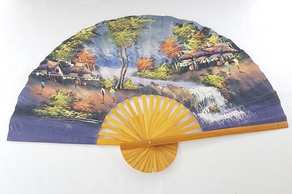 Vintage Japanese Wall Fan Hand-Painted Village Waterfall 40 Inch Asian Decor Art