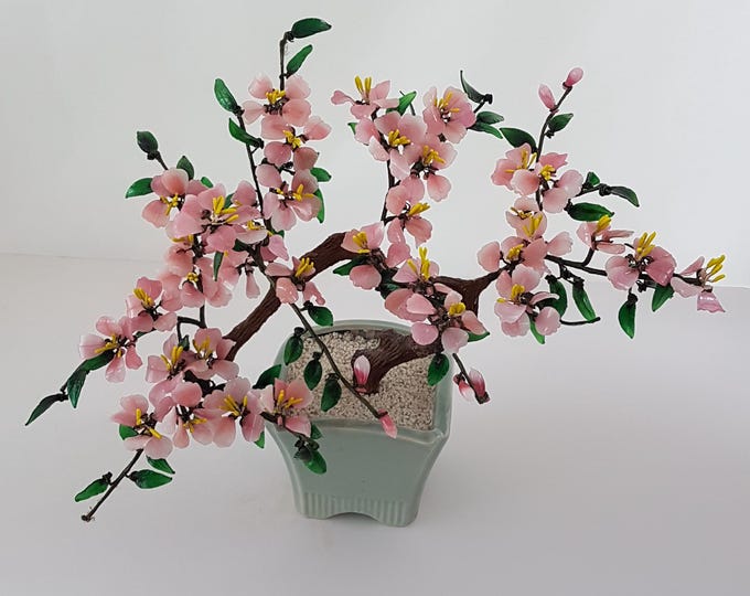 Vintage Glass Bonsai Tree, 15 x 12 inch Pink Flowering Artificial Plant, Faux Bonsai Asian Oriental Decor