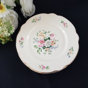 4pc Homer Laughlin SPRINGTIME Dinner Plates, Virginia Rose Shape, 9.5 Inch, 1950s