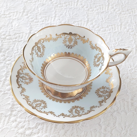 Royal Stafford Light Blue Tea Cup and Saucer, Heavy Gold Gilt, England