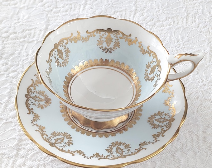 Royal Stafford Light Blue Tea Cup and Saucer, Heavy Gold Gilt, England