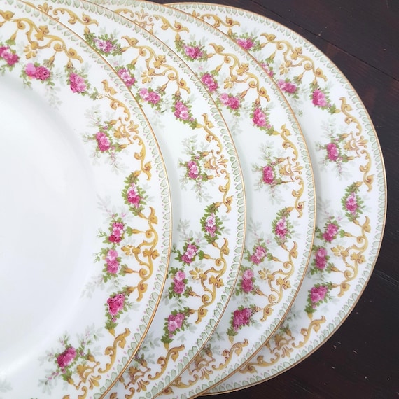 4pc Vintage French Limoges Porcelain Salad Plates Set: Pink Roses, Antique Pattern 7219 (1907)