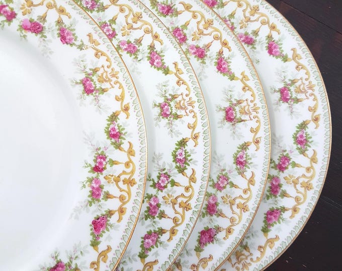 4pc Vintage French Limoges Porcelain Salad Plates Set: Pink Roses, Antique Pattern 7219 (1907)
