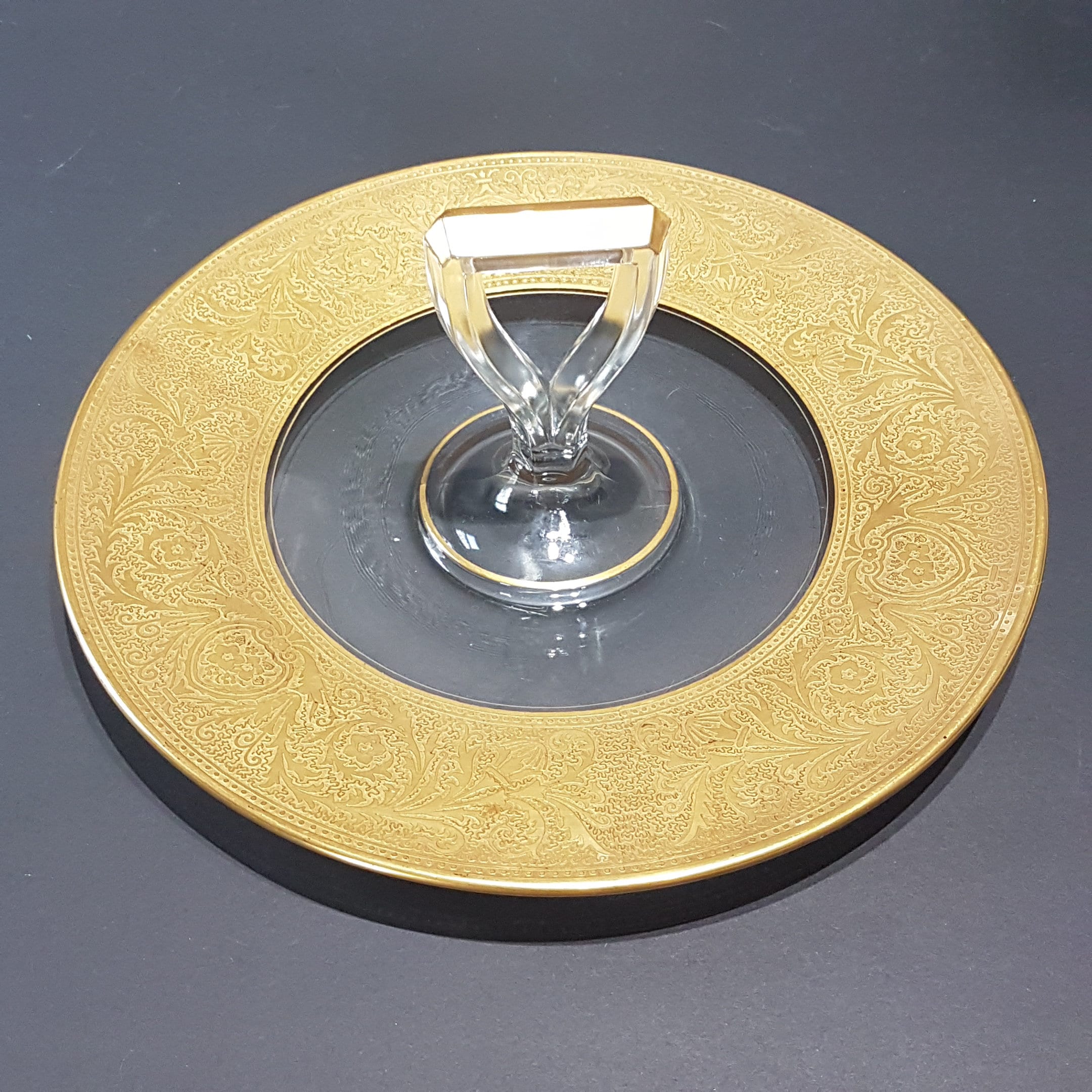 Vintage Clear Glass Single Handle Serving Plate Thick Gold Embossed