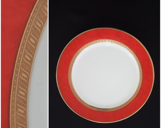 Royal Heritage Fine Porcelain Dessert Plates, 7.5 Inch, Sets of 4, Pattern RHR5, Powder Red Rim, Gold Band