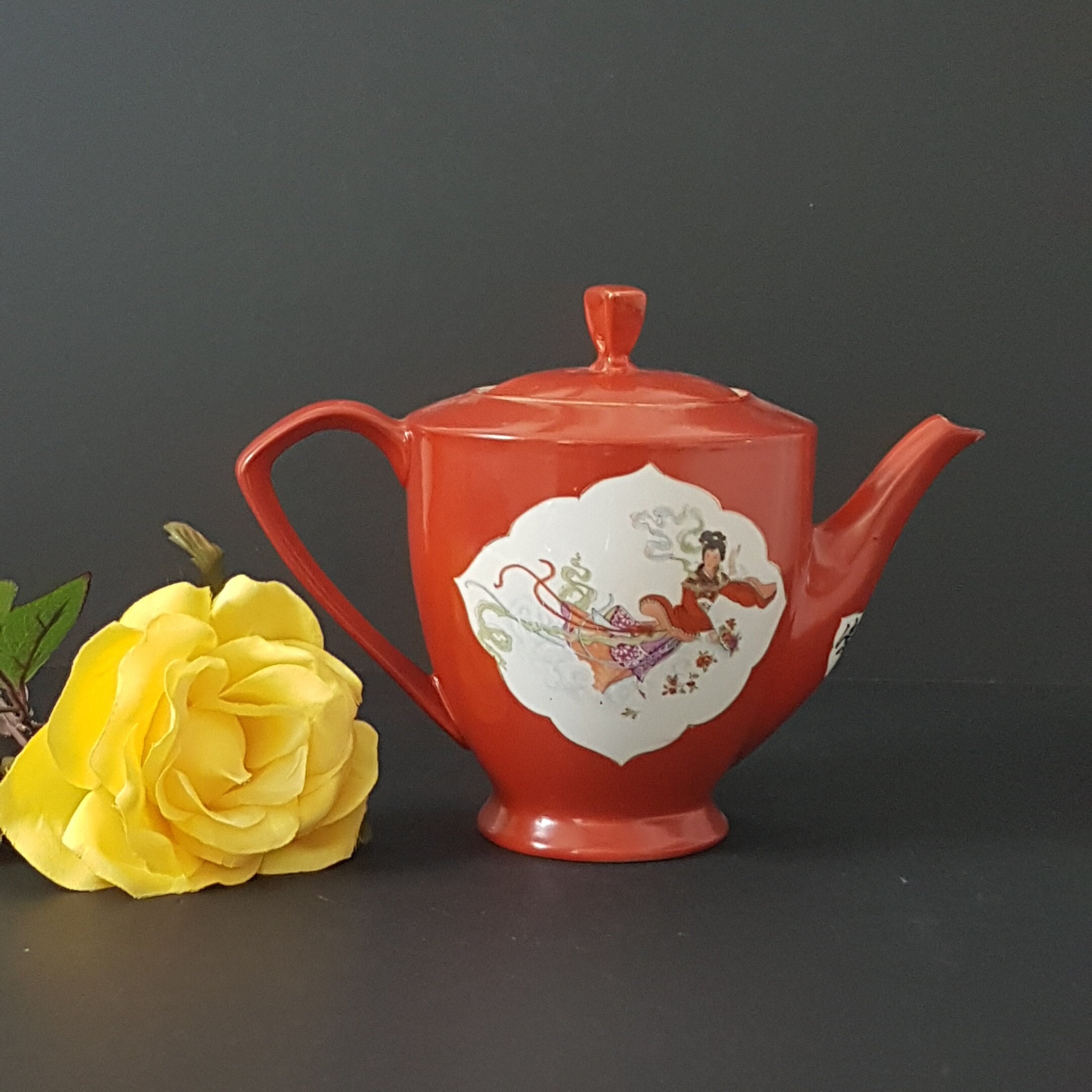 Vintage Chinese Tea Pot, Hand Painted OrangeRed Asian Oriental Teapot