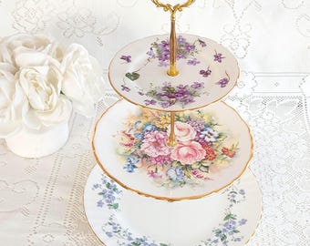 3 Tier Bone China Cake Stand Mixed Floral Tiered Plates Tea Party Dessert Server