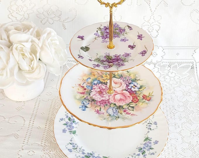 3 Tier Bone China Cake Stand Mixed Floral Tiered Plates Tea Party Dessert Server