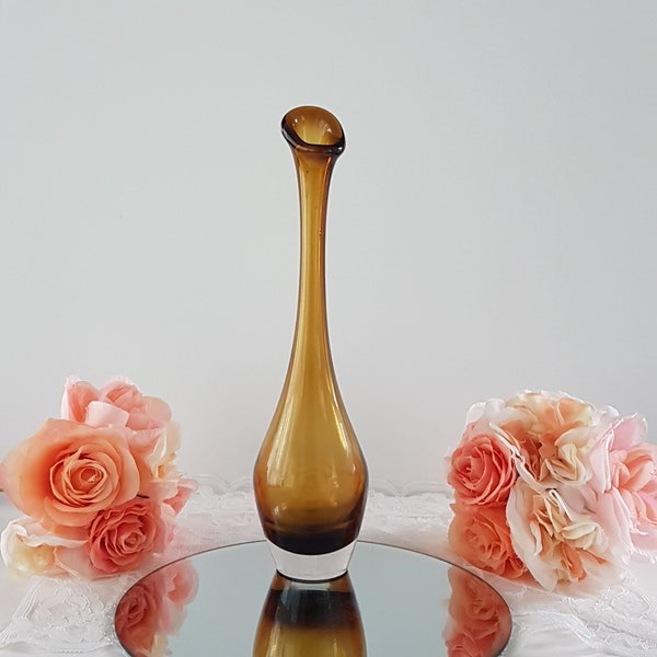 Blown Glass Bud Vase, 12.75 Amber Art Glass Skinny Vase