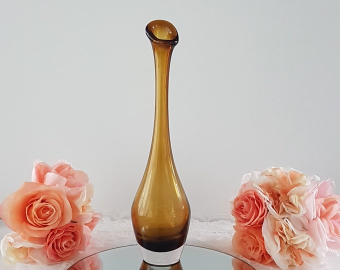 Blown Glass Bud Vase, 12.75 Amber Art Glass Skinny Vase