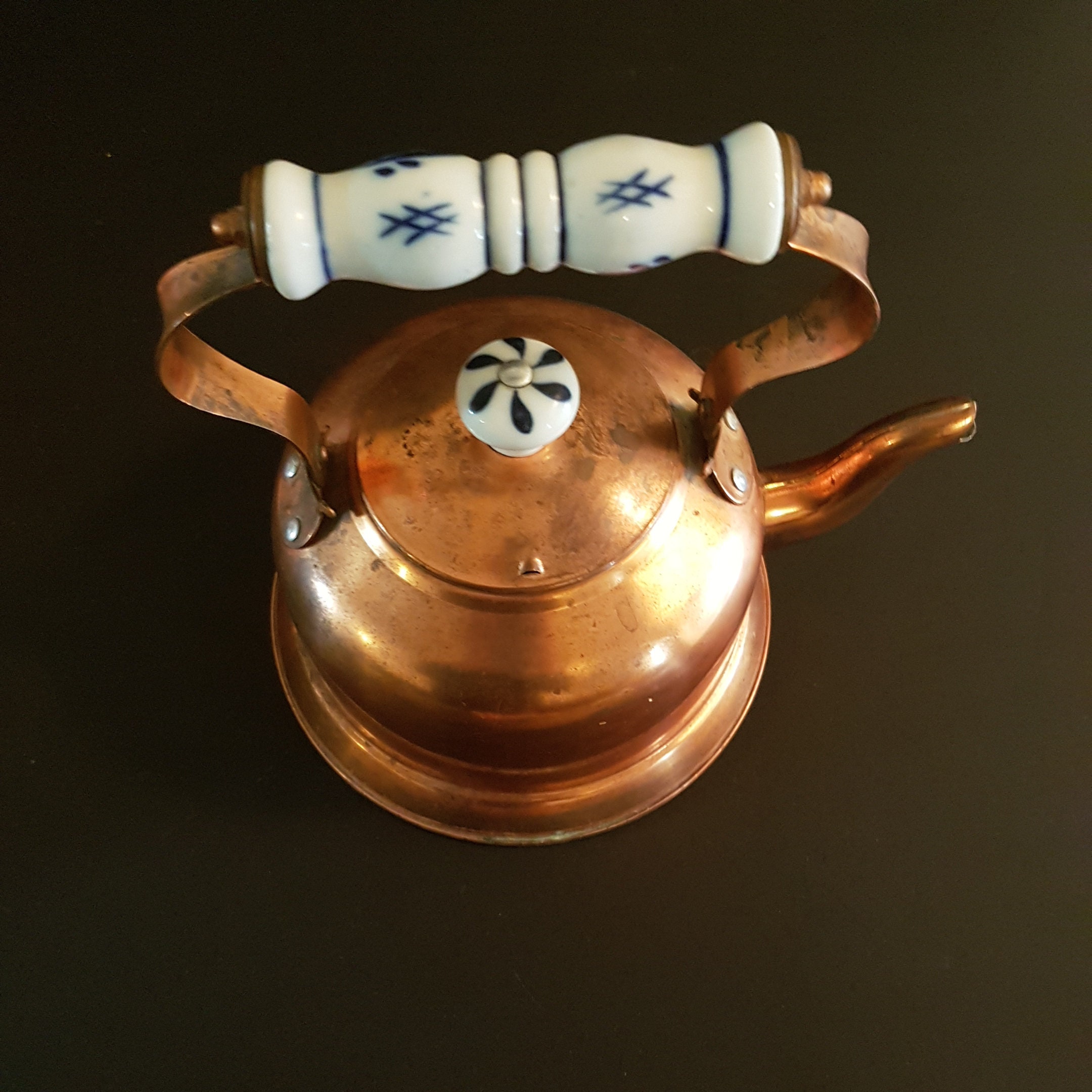 Vintage Copper Stovetop Tea Kettle Delft Blue Porcelain Handle & Lid