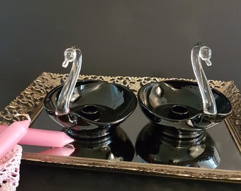 Pair of Swan Candlestick Holders by Viking Glass, Ebony Sweetheart Pattern, Black Swan Dish with Candle Holder, MCM Glass Decor Gift, 1950s