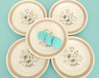 Vintage Midwinter Staffordshire England Bread Plates Set of 5 Retro Brown Wildflower Dishes