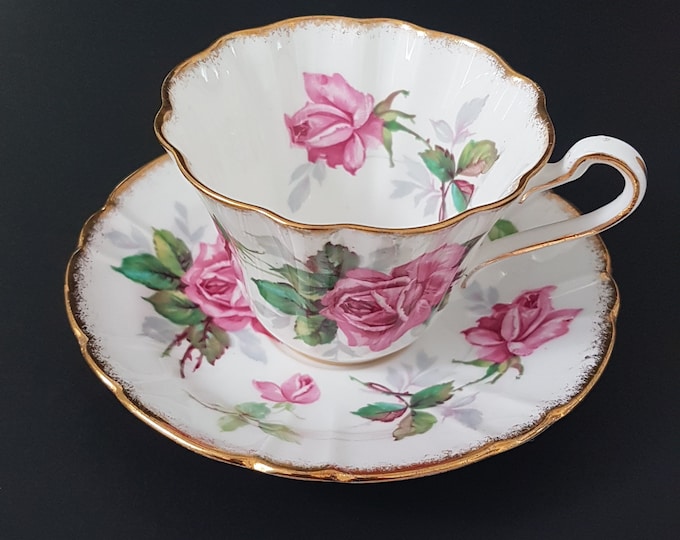Tea Cup and Saucer, Vintage Royal Stafford BERKELEY ROSE, Pink Roses, Ruffled Bone China Teacup