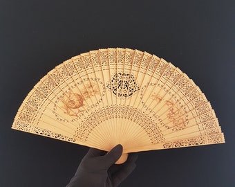 Vintage Japanese Bamboo Folding Hand Fan, Laser Cut Floral Pattern