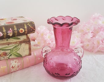 Vintage Cranberry Glass Flower Vase, 6.5 inch Pink Blown Glass with Hearts & Swirls, Ruffled Rim