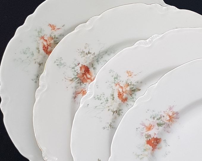 Antique Dessert Plates, Moschendorf REX Bavaria (Germany), 7.25 Inch Porcelain Plates, Set of 4, Orange Yellow Flowers