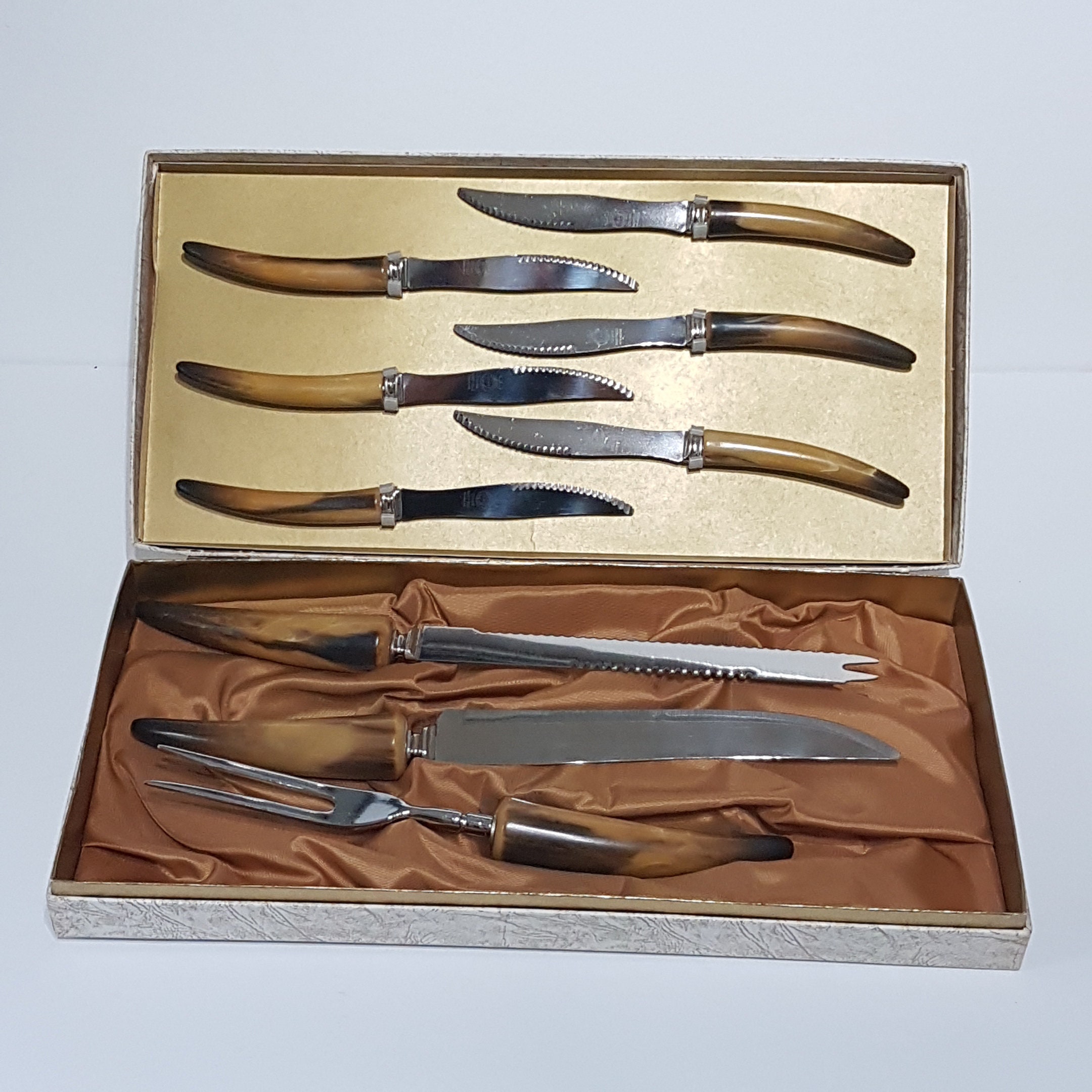 Vintage 6 pc Steak Knife and Meat Carving Set with Faux Antler Handles