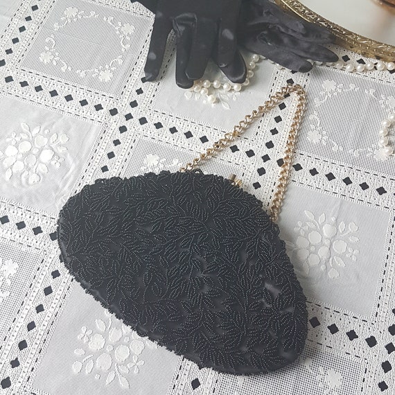 Vintage Black Beaded Purse, Evening Bag, Hang fro… - image 4