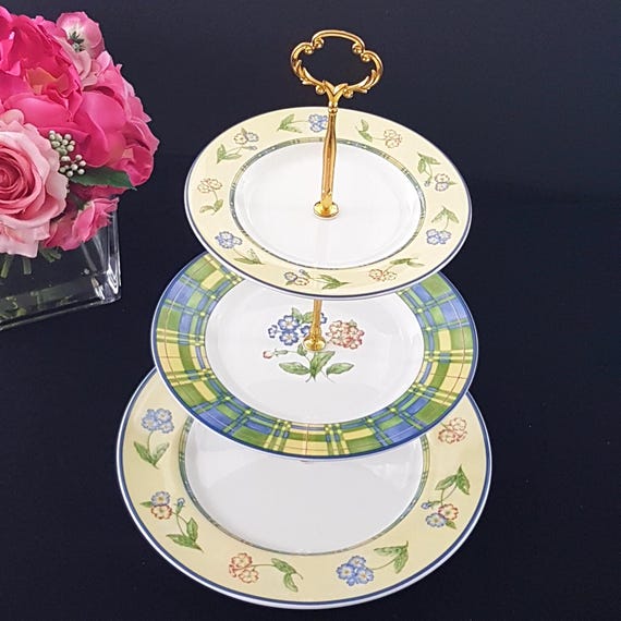 3 Tier English Bone China Cake Stand: Highland Border Pattern