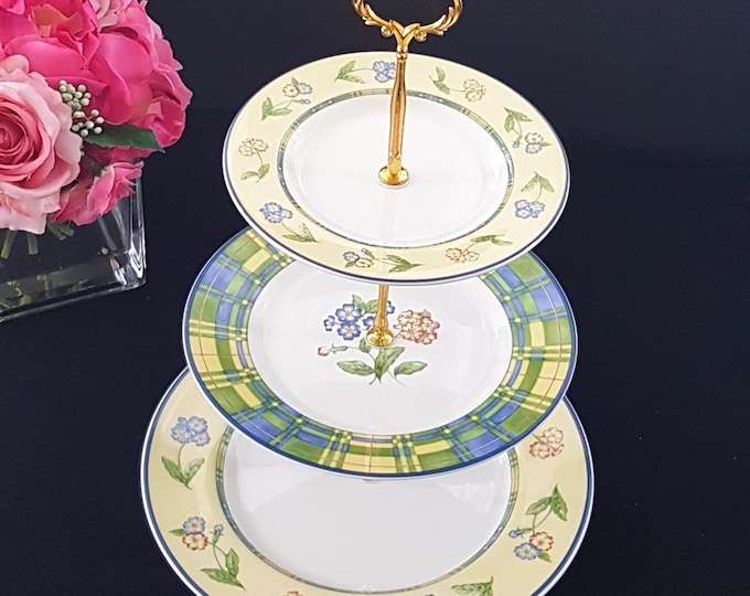 3 Tier English Bone China Cake Stand: Highland Border Pattern