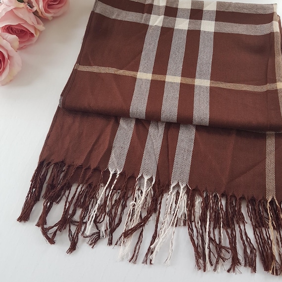 Vintage Brown Plaid Pashmina Shawl: Soft Striped Evening Wrap