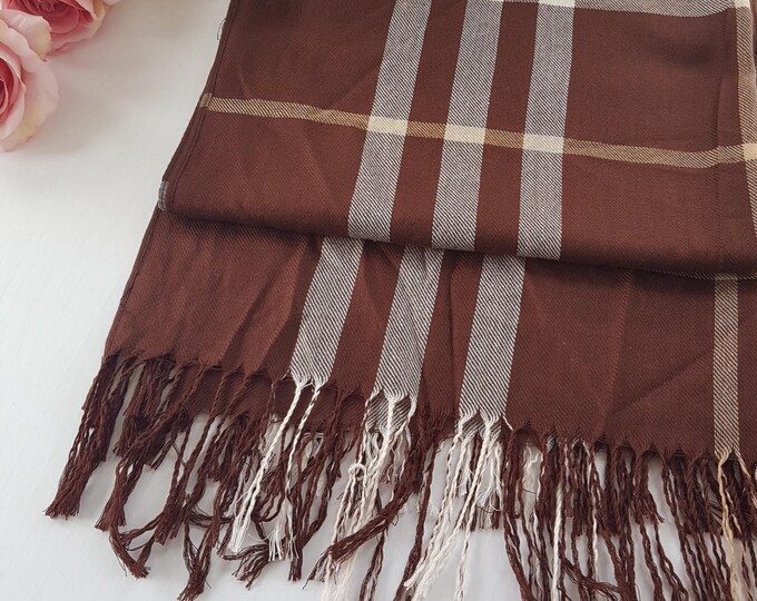 Vintage Brown Plaid Pashmina Shawl: Soft Striped Evening Wrap