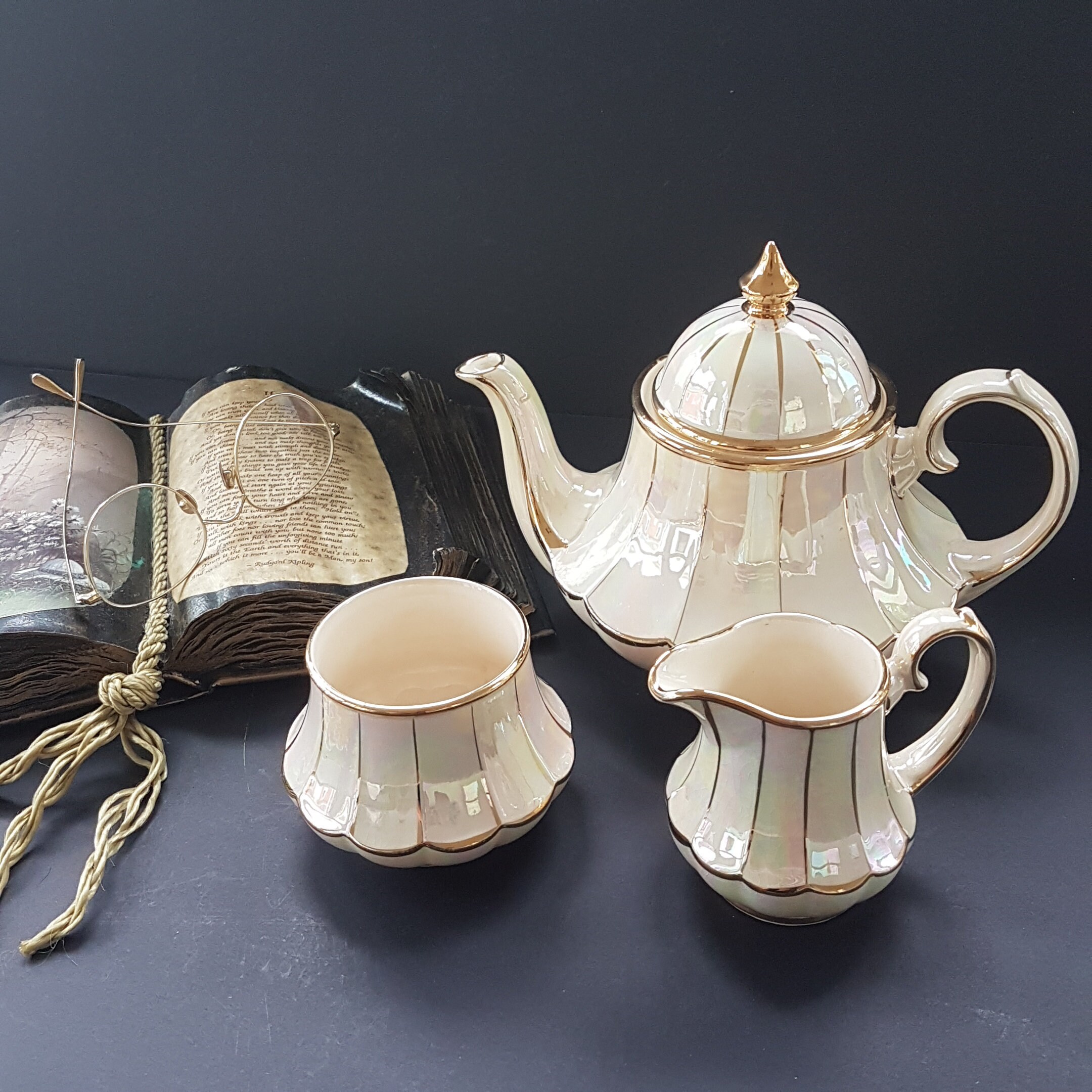 Sadler England Pearl Lustre Tea Set, Teapot Creamer & Sugar Bowl, Bell