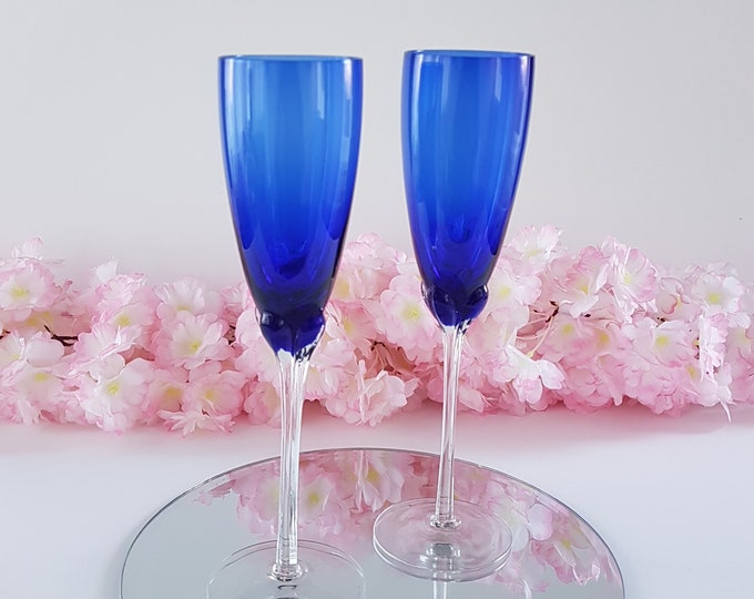 Cobalt Blue Champagne Flutes, Set of 2, 10 inch Tall Champagne Glasses