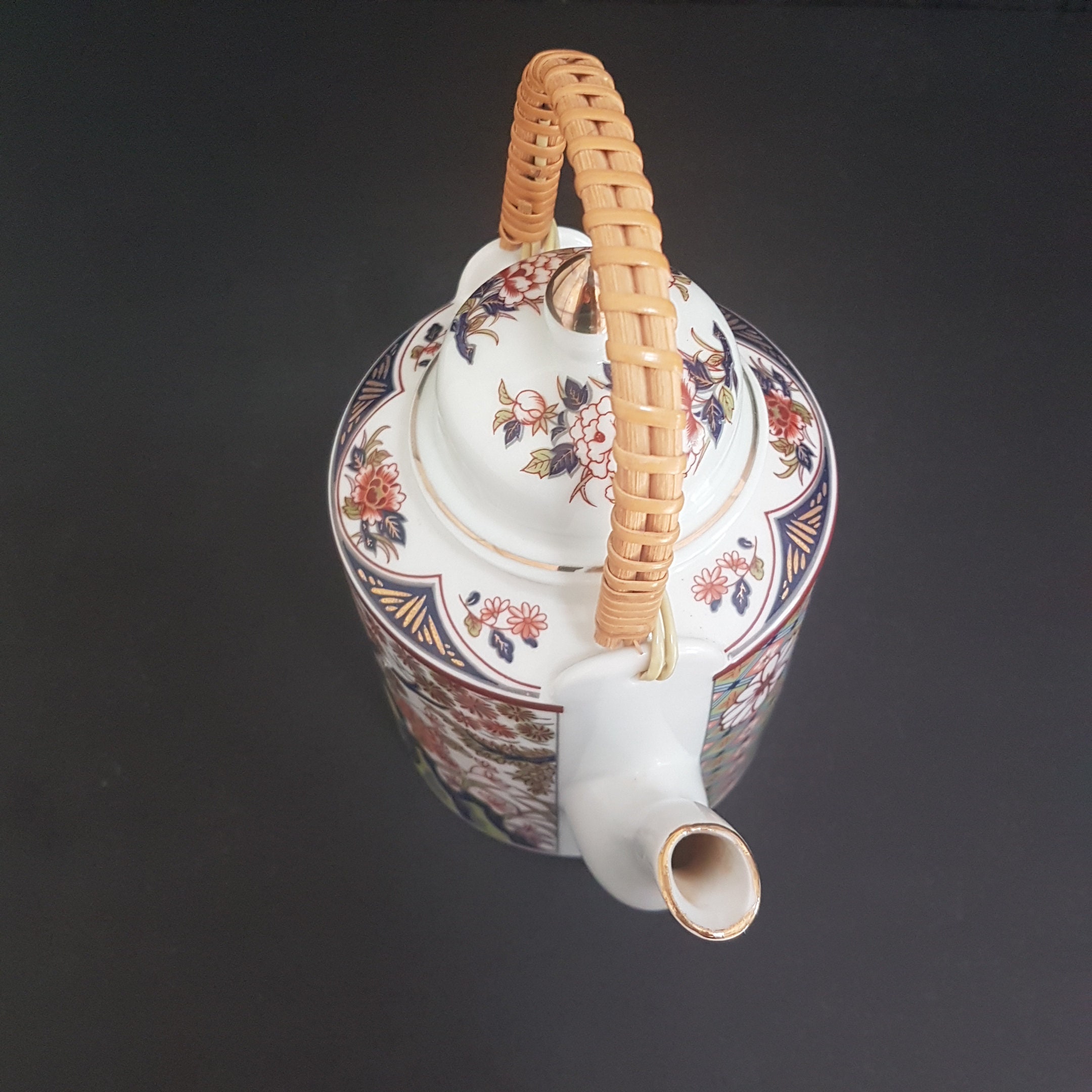 Vintage Imari Japan Teapot, Wicker Handle, Arita Ware, Japanese