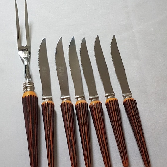 Vintage Crown Sheffield Faux Antler Steak Knives and Meat Fork 7 Piece Set Cutlery