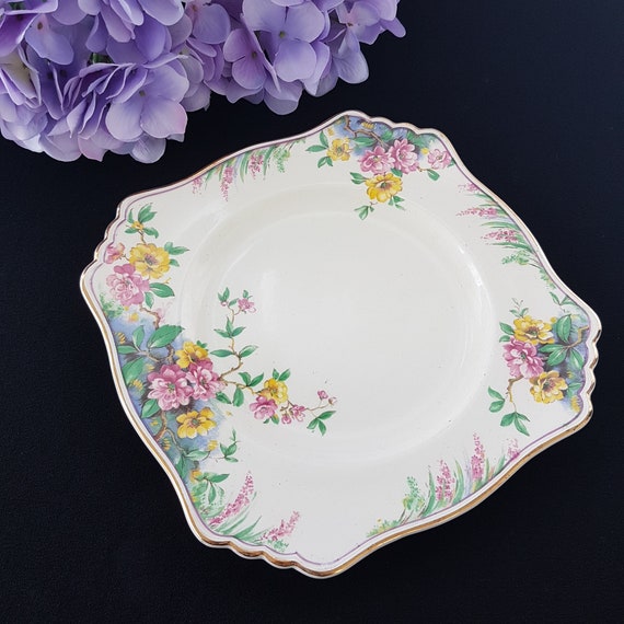 1930s Royal Winton Grimwades Cherry Blossom Square Plate 8.75 Inch Vintage English Pottery Collectible