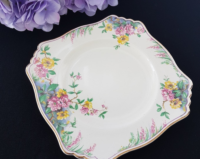Royal Winton Grimwades CHERRY BLOSSOM Square 8.75 Inch Plate, Made in England, 1930s