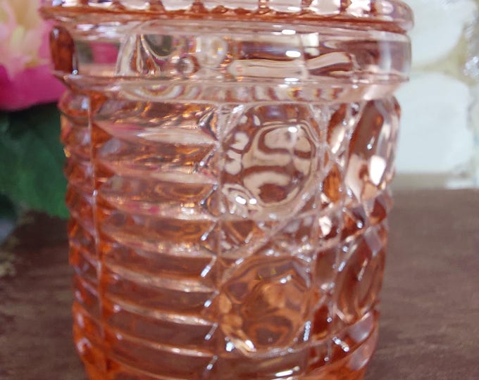 Indiana Glass Windsor Pink Peach Ballard (Cane & Button)Jam Jar or Sugar Bowl