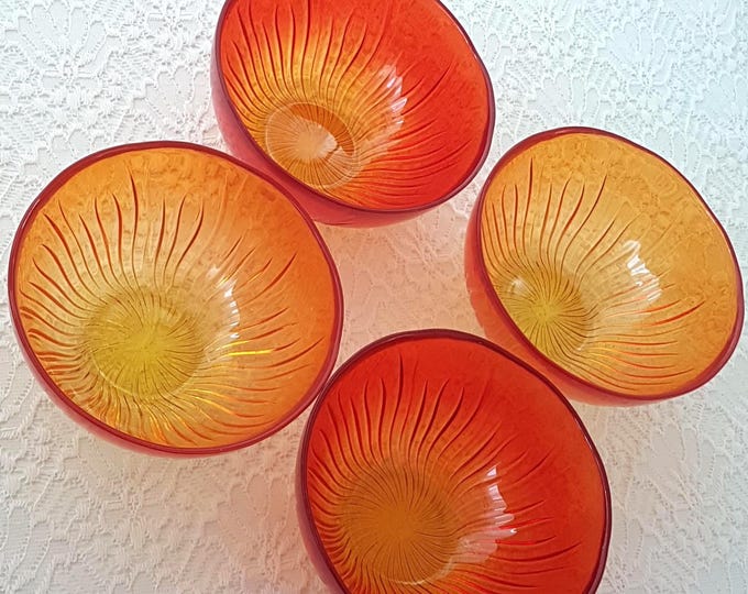 4pc Sunburst Glass Bowls with Amberina Red Orange Yellow Starburst Pattern