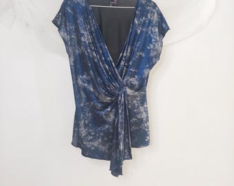 Laura Blue Marble Print Shirt, Knotted Front Draped Top, Office Casual V-Neck Blouse, Size 2X