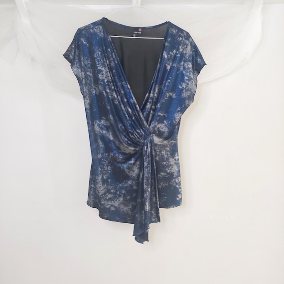 Laura Blue Marble Print Twist Front Top, Draped V-Neck Blouse, Size 2X