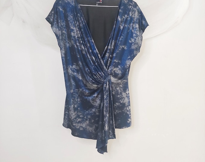Laura Blue Marble Print Shirt, Knotted Front Draped Top, Office Casual V-Neck Blouse, Size 2X